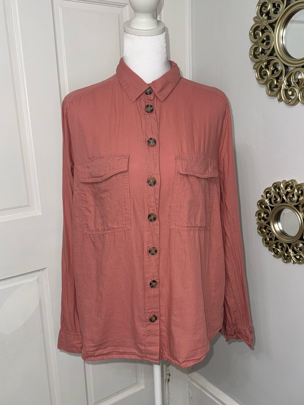 H&M Divided Button-Up Shirt 100% Cotton Long Sleeve With Pockets Size 8